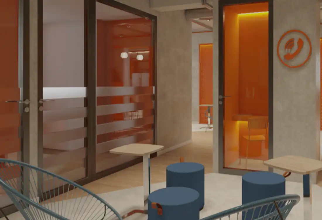 Imagem 3D do projeto de reforma do escritório da Lalamove desenvolvido pela Custódio, com design contemporâneo em tons de laranja e concreto. Antes e Depois de espaço funcional planejado para conforto e produtividade corporativa.