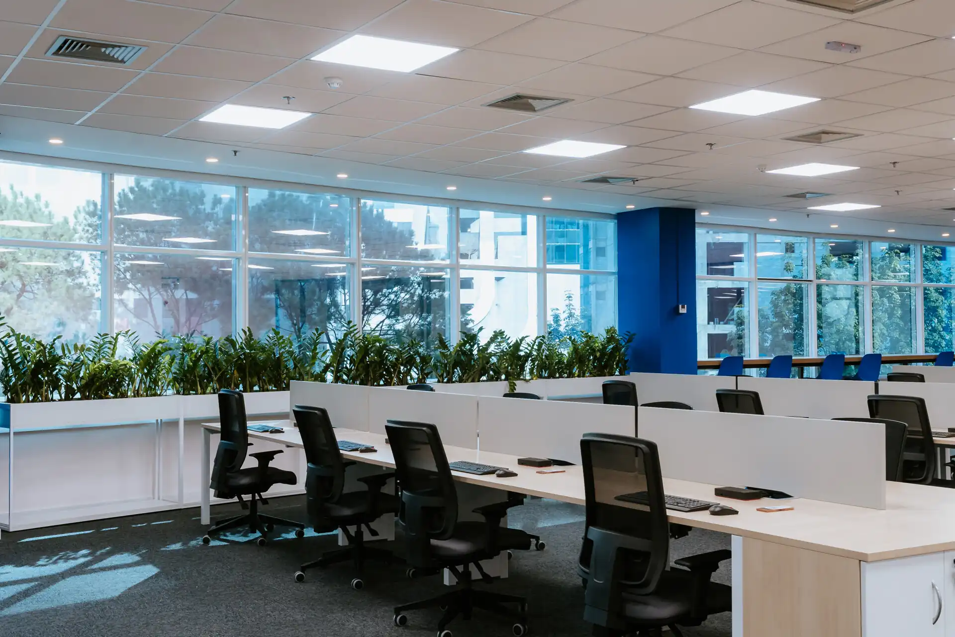 Projeto de arquitetura e obra corporativa da Vestas realizados pela Custódio. Espaço de staff moderno, com layout aberto, iluminação natural e mobiliário ergonômico. Reforma de escritório planejada para produtividade e conforto.