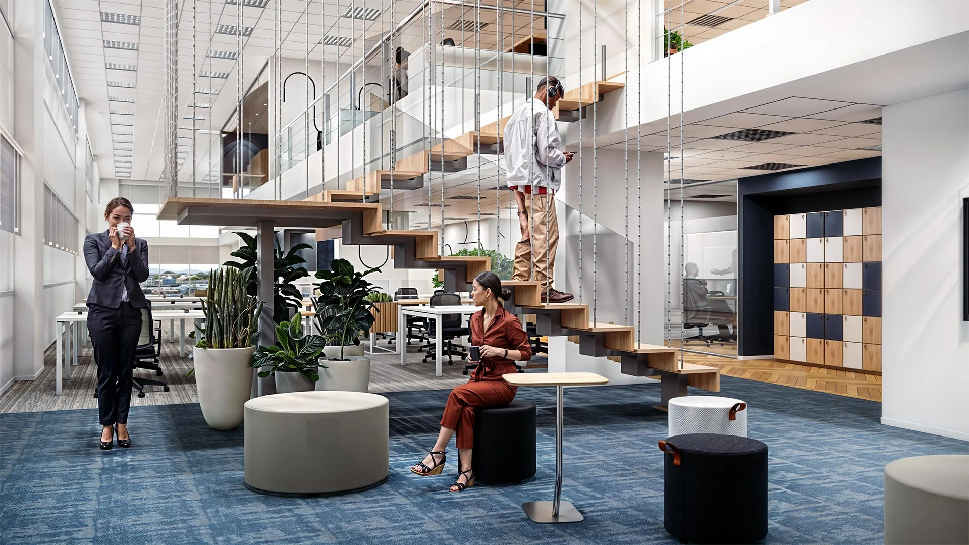 Imagem 3D do estudo de viabilidade desenvolvido pela Custódio para a Oceaneering. Projeto de arquitetura corporativa e reforma Turnkey com layout, design e soluções inteligentes para escritórios corporativos modernos.